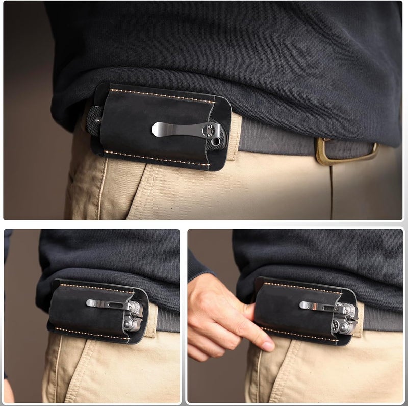 topstache Leather Sheath for Belt - Horizontal Carry EDC Belt Pouch - Leather Pocket Knife Holster - Multitool Sheath for Men - Tool Holster Everyday Carry Pouch, Size Splus, Black - Image 2